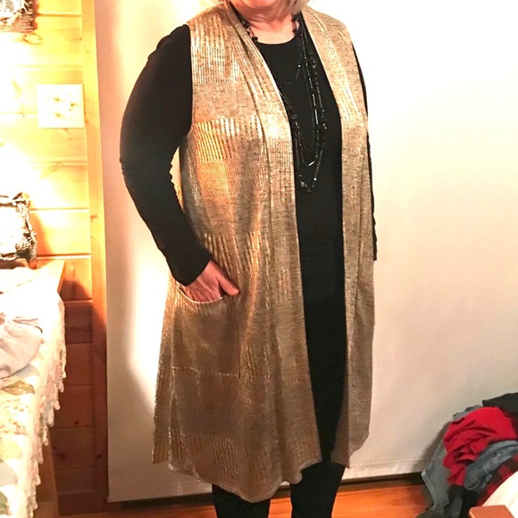Expresso Long Gold Shine Vest with Pockets 97% Poly 3% Spandex Med or Large - Picture 4 of 16